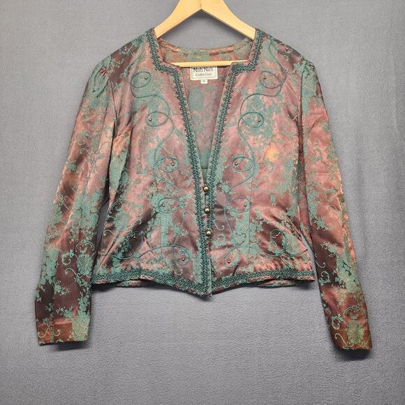 Womens Victorian Style Dress Jacket Set 10 Green Brown Brocade Pleated Oriental - Picture 4 of 16